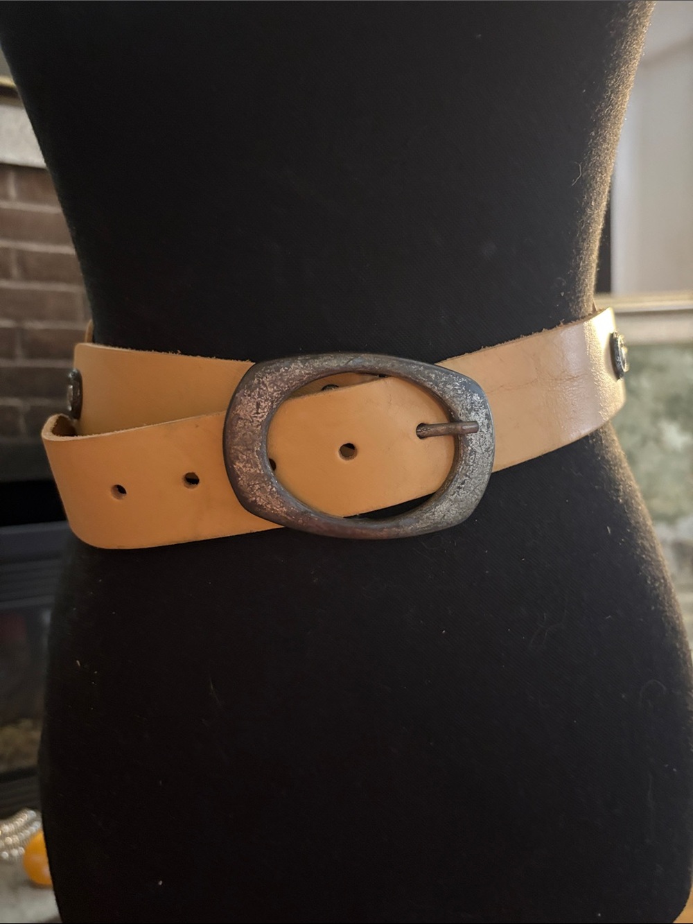 Women's Tan Leather Belt with Antique Oval Buckle